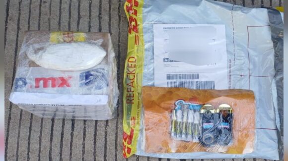 Binomio canino localiza cocaína y cigarros electrónicos al interior de una paquetería, en Culiacán