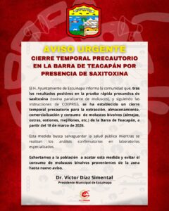 Aviso de restricción de consumo de moluscos de Barra de Teacapán, en Escuinapa