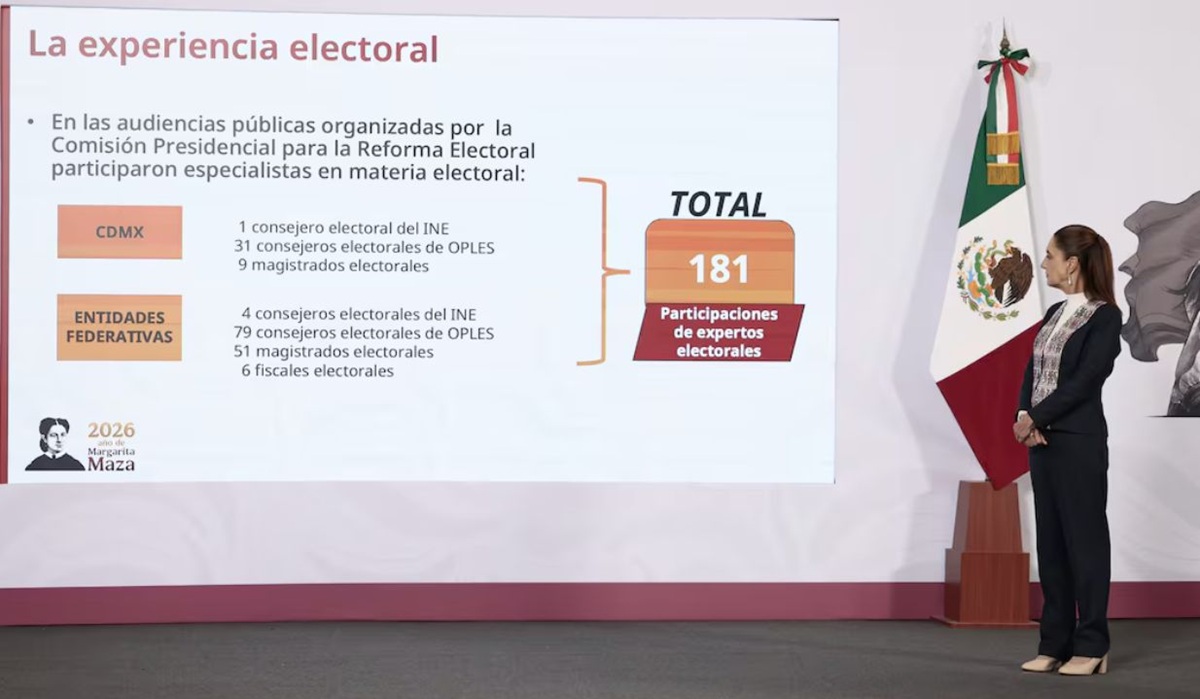 Claudia Sheinbaum junto a infografía sobre la Reforma Electoral.