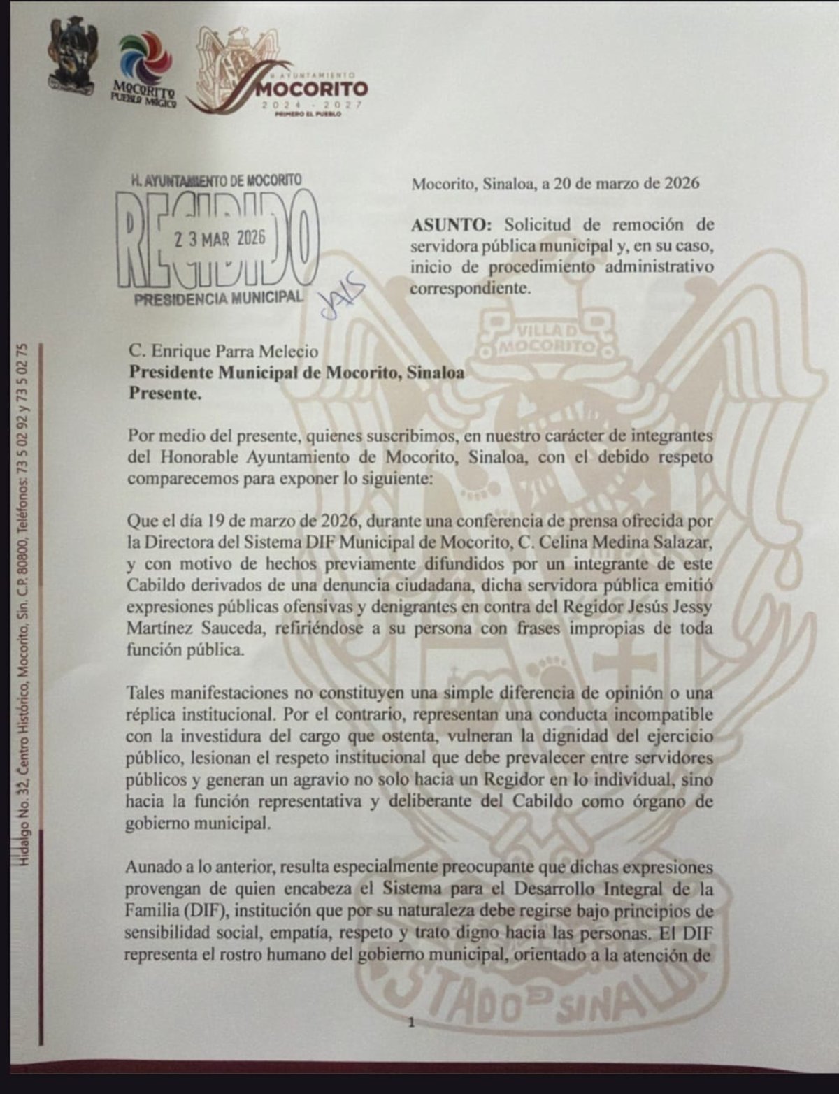 Oficio entregado al alcalde Enrique Parra Melecio