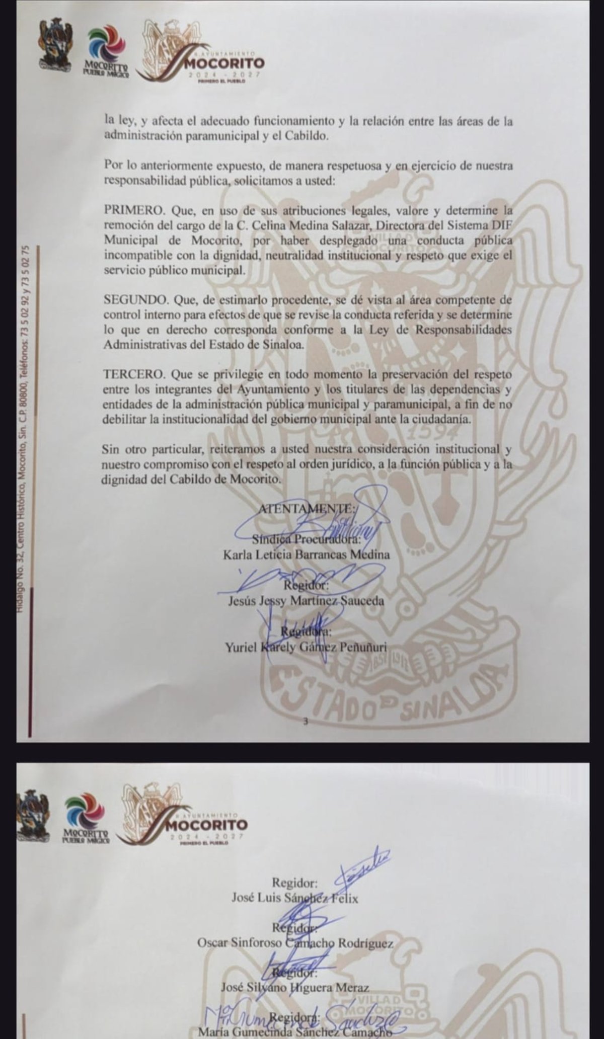 Oficio entregado al alcalde Enrique Parra Melecio