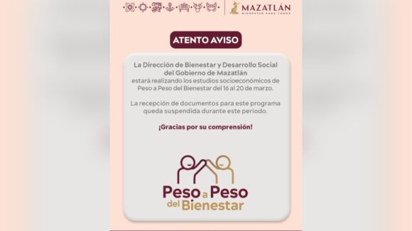 ¡Atención! Del 16 al 20 de marzo, realizarán estudios socioeconómicos para “Peso a Peso del Bienestar” en Mazatlán