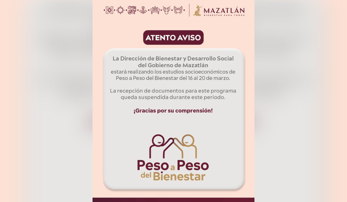 Realizarán estudios socioeconómicos para el programa "Peso a peso del Bienestar" en Mazatlán