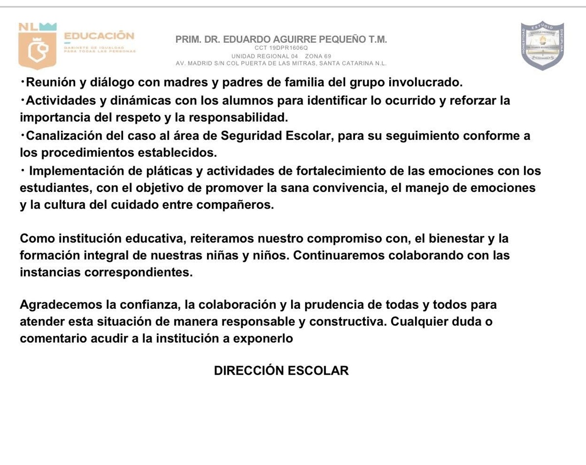 Comunicado de escuela donde le dieron a beber cloro a un niño