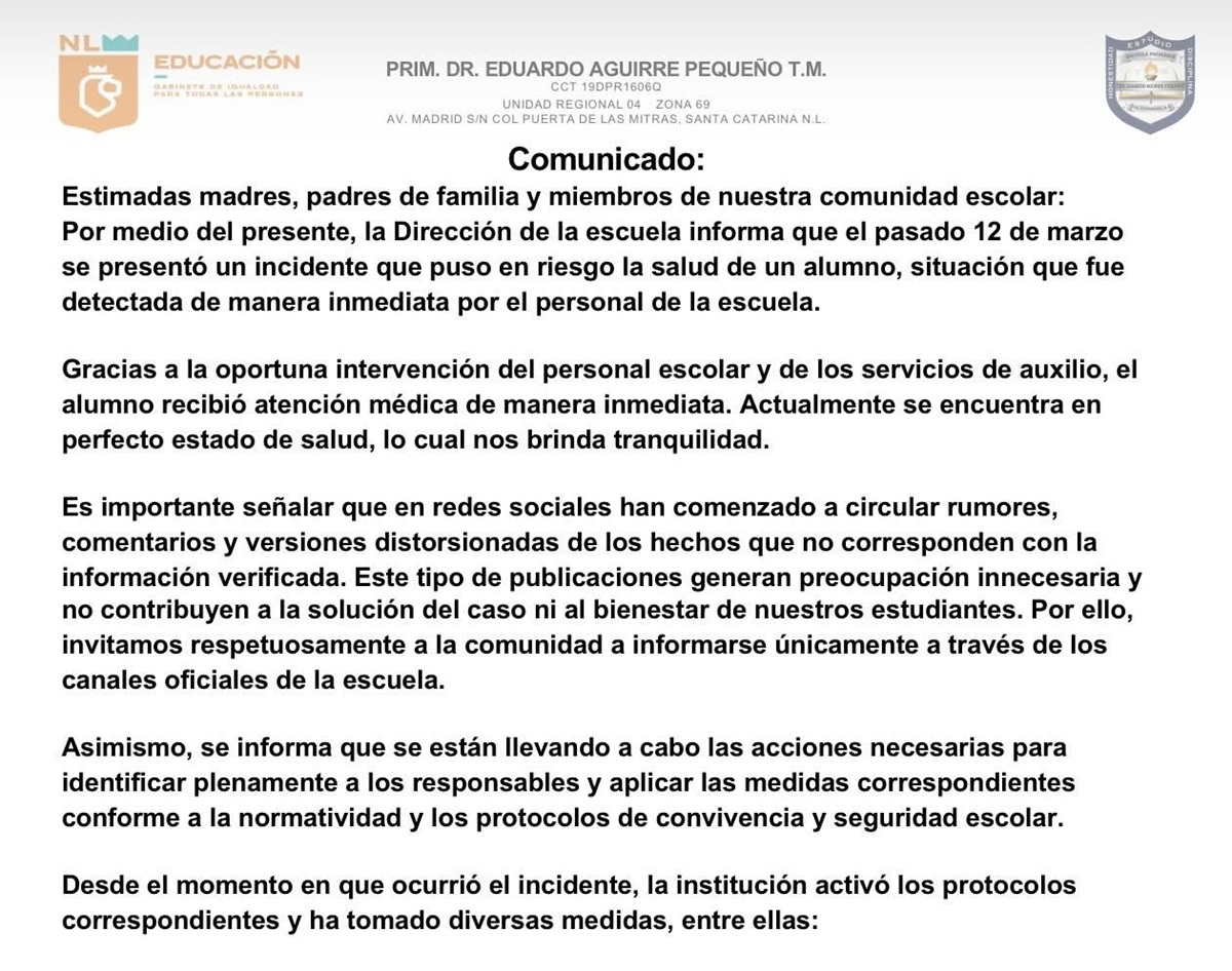Comunicado de escuela donde le dieron a beber cloro a un niño