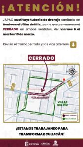 Bulevar Villas del Río, en Culiacán estará cerrado por 4 días