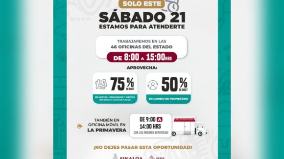 Con descuentos de hasta un 75% en trámites vehiculares, SATES abrirá este sábado 21 de marzo sus oficinas en todo Sinaloa