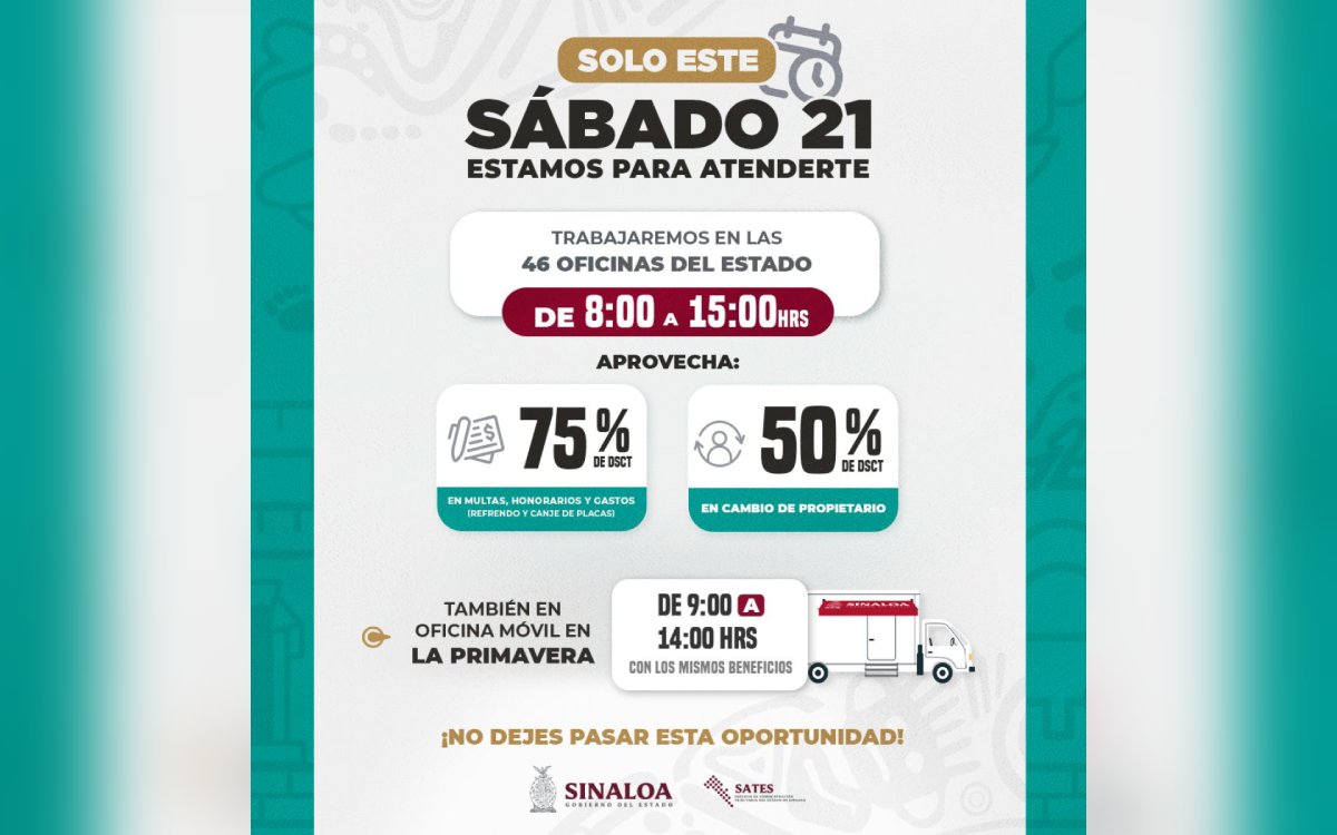 Con descuentos de hasta un 75% en trámites vehiculares, SATES abrirá este sábado 21 de marzo sus oficinas en todo Sinaloa