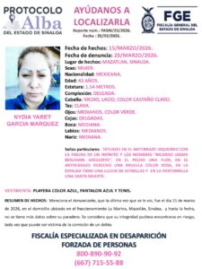Ficha de mujer desaparecida en Mazatlán