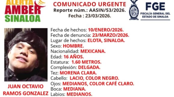 Activan Alerta Amber en Sinaloa por desaparición de Juan Octavio de 16 años en Elota, Sinaloa