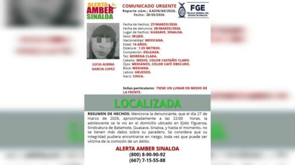 Lucía Albina, menor desaparecida en Guasave, Sinaloa, ya fue localizada y se encuentra con su familia