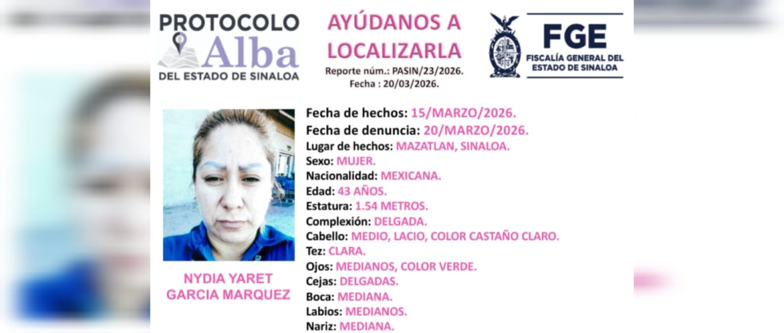 Ficha de mujer desaparecida en Mazatlán