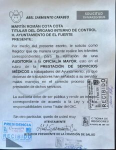 Oficio donde se solicita auditoría al Ayuntamiento de El Fuerte