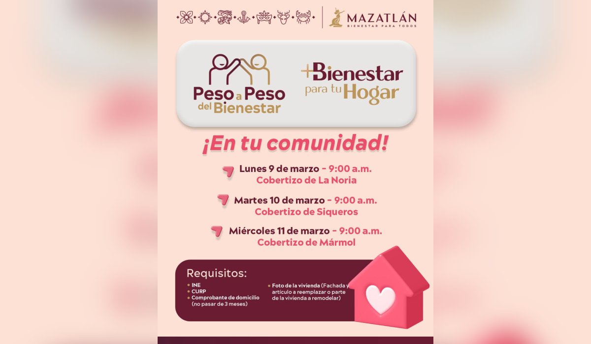 Anuncian jornadas de "Peso a peso del bienestar" y "+ Bienestar para tu hogar" en Mazatlán
