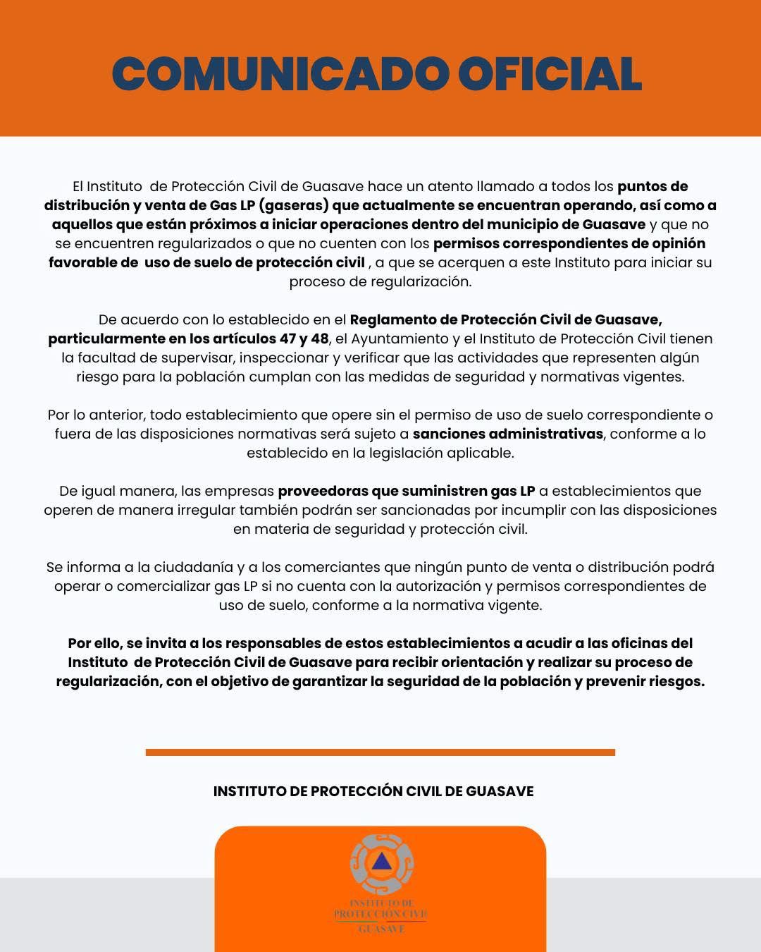 Comunicado de Protección Civil de Guasave