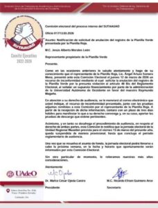 Documento donde se notifica de la cancelación de la votación en la UAdeO en la región sur de Sinaloa