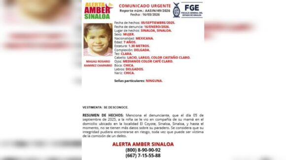 Reportan desaparición de niña de 7 años en el municipio de Sinaloa; FGE activa Alerta Amber