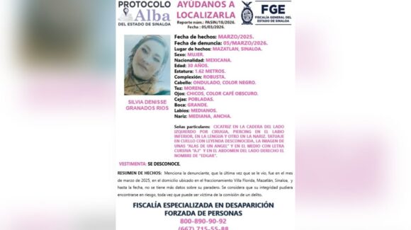 Activan Protocolo Alba en Sinaloa para localizar a Silvia Denisse Granados, desaparecida en Mazatlán