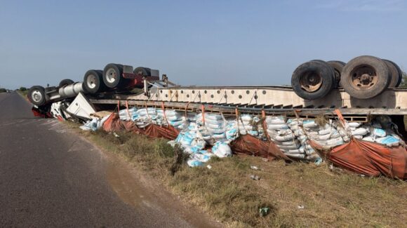 Tráiler cargado con alimento para camarón queda volcado en Plan de San Luis municipio de Ahome, Sinaloa