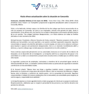 Vizsla Silver confirma los dos nuevos fallecimientos de mineros 