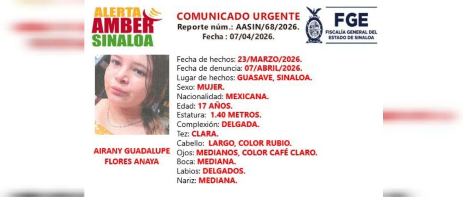Airany Guadalupe Flores Anaya, desaparecida en Guasave, Sinaloa
