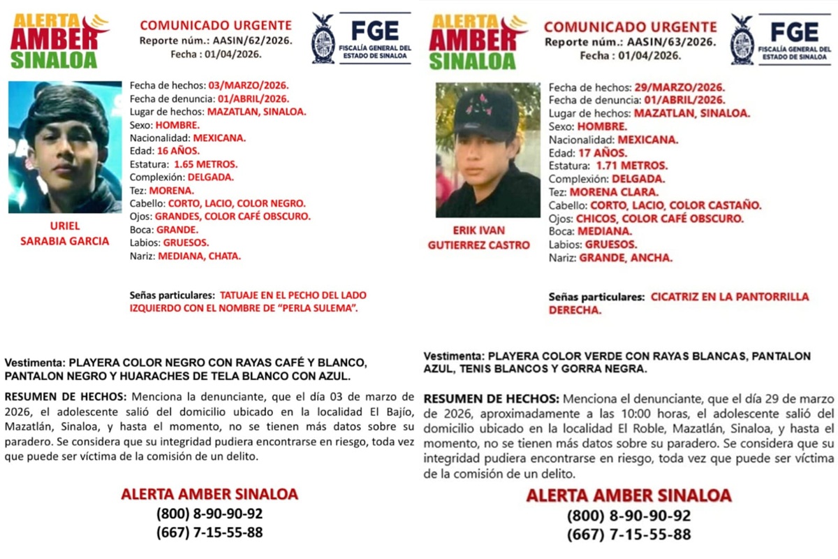 Alerta Ámber en Mazatlán por la desaparición de Erik Iván y Uriel Sarabia