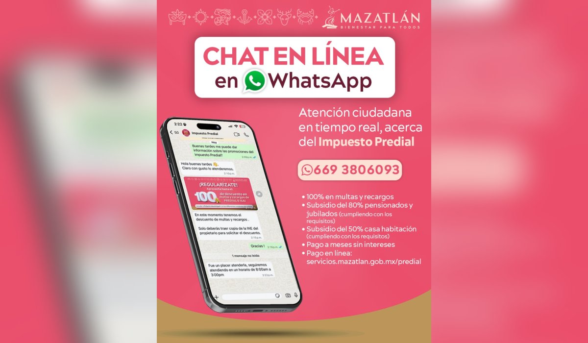 Anuncian atención vía WhatsApp para el pago del predial en Mazatlán