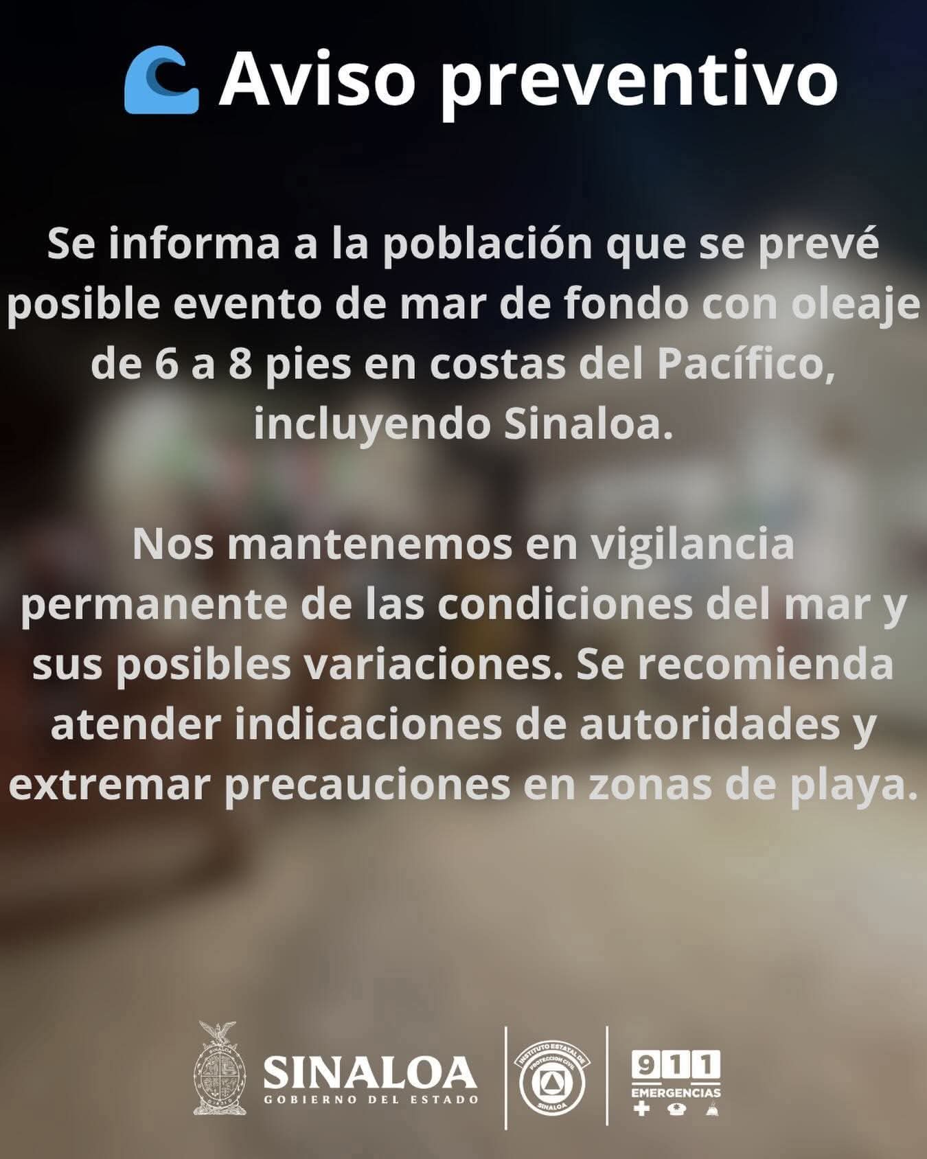 aviso protección civil Guasave mar de fondo