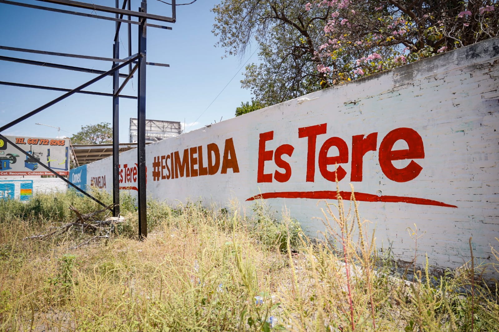 Barda con pintas Es Imelda y Es Tere en Culiacán
