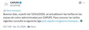 Publicación en X de Capufe