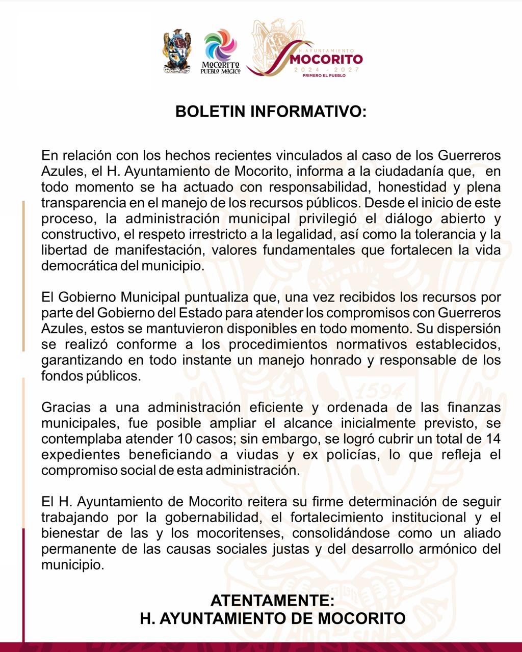 comunicado del Ayuntamiento de Mocorito tras conflicto con Guerreros Azules