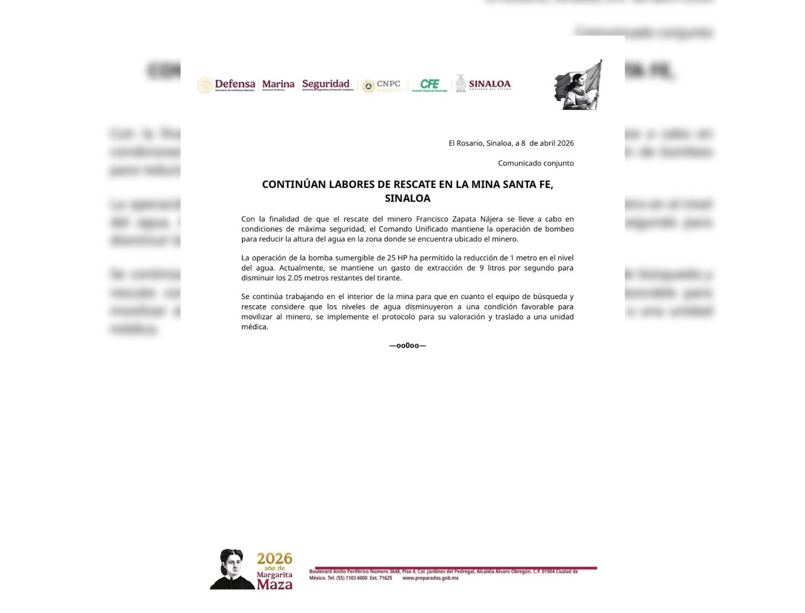 comunicado sobre el avance de los rescates en el rosario