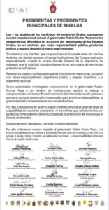 Alcaldes de Sinaloa respaldan a Rocha Moya