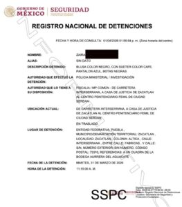Ficha de Zaira 'N', exreina de belleza, detenida en Puebla