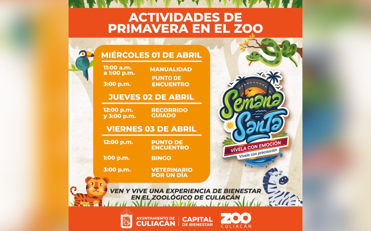 Itinerario de actividades del Zoológico de Culiacán para vacaciones de Semana Santa