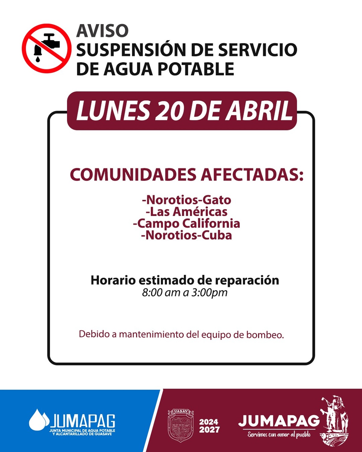 Aviso Jumapag sobre cortes de agua