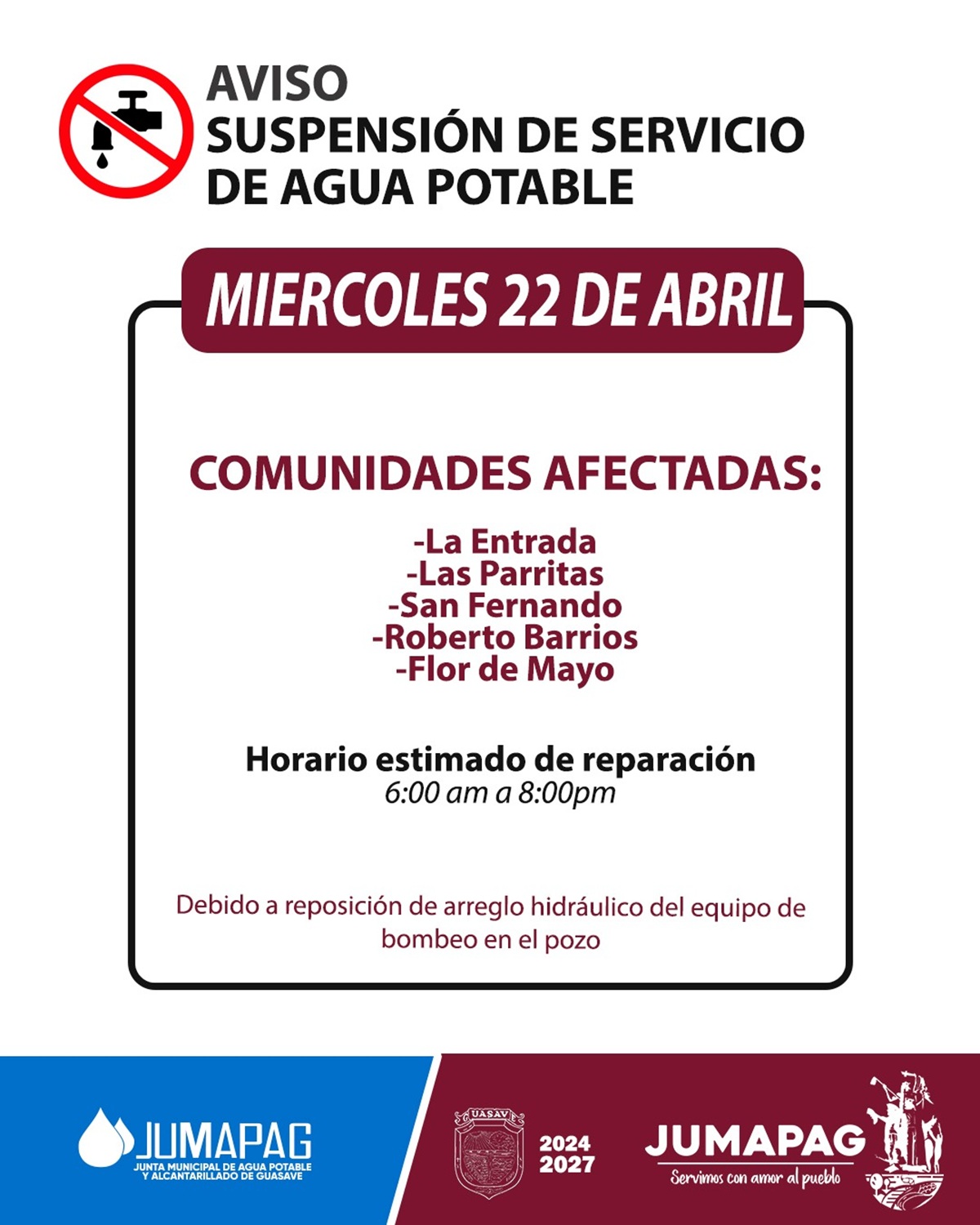 Aviso Jumapag sobre cortes de agua