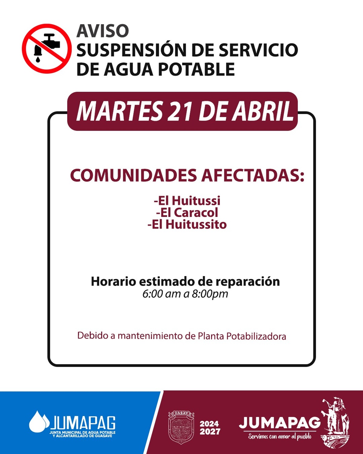 Aviso Jumapag sobre cortes de agua