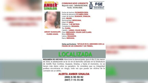 Localizan sana y salva a menor reportada en Alerta Amber en Guasave, Sinaloa