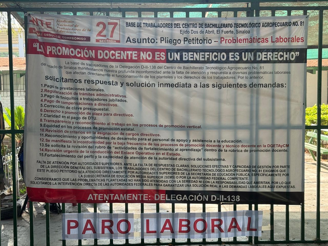 Docentes del plantel CBTa 81 se van a paro laboral
