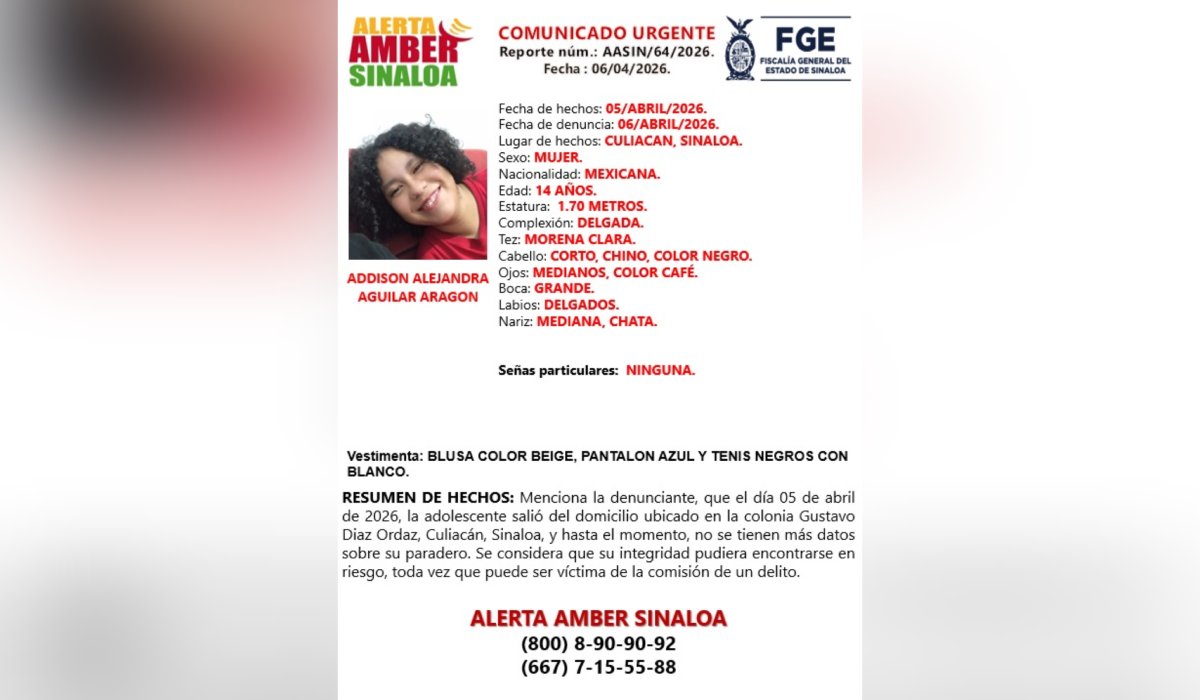 Menor desaparecida en Culiacán, Sinaloa