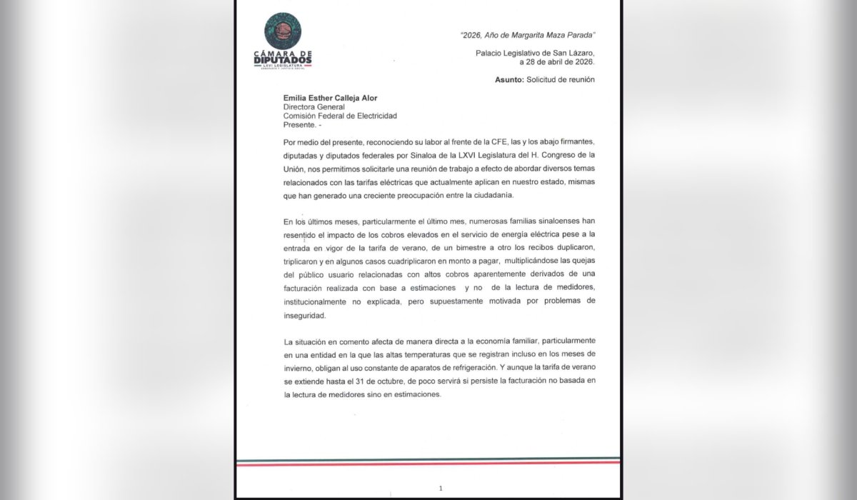 Oficio de diputados federales de Sinaloa para la directora general de CFE