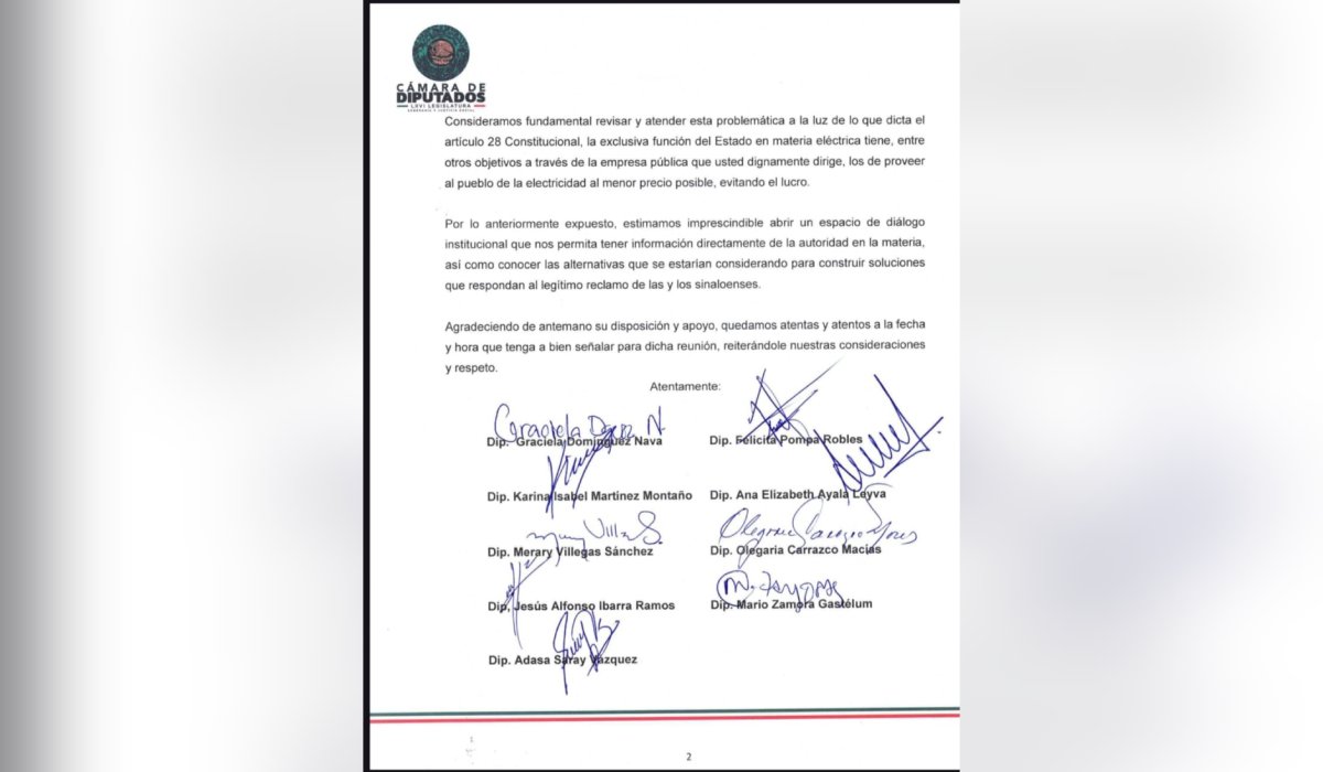 Oficio de diputados federales de Sinaloa para la directora general de CFE