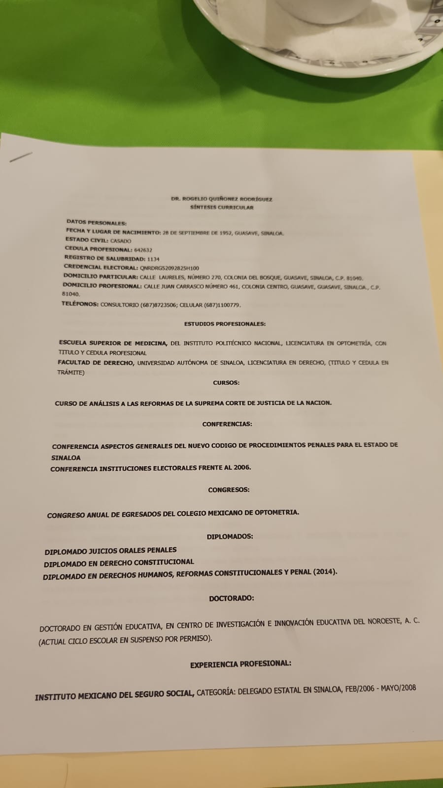 Síntesis curricular de Rogelio Quiñónez Rodríguez