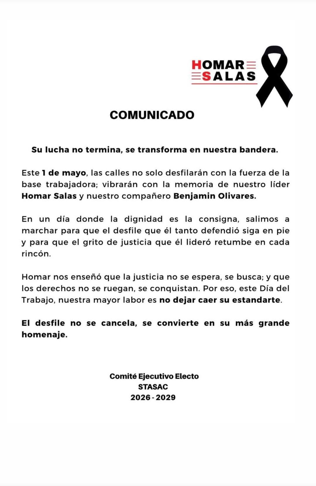 Stasac convoca a marcha tras asesinato de Homar Salas