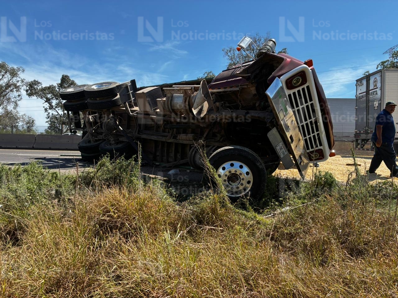Tractocamión cargado con maíz queda volcado en la México 15 en Los Mochis