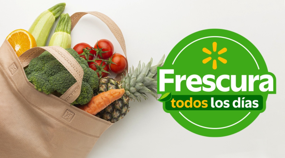 'Martes de Frescura'. Logotipo de Walmart y bolsa con frutas y verduras