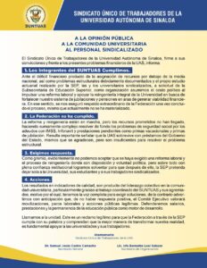 Advierte SUNTUAS realizar paros y movilizaciones si SEP no cumple con el respaldo financiero prometido a la UAS