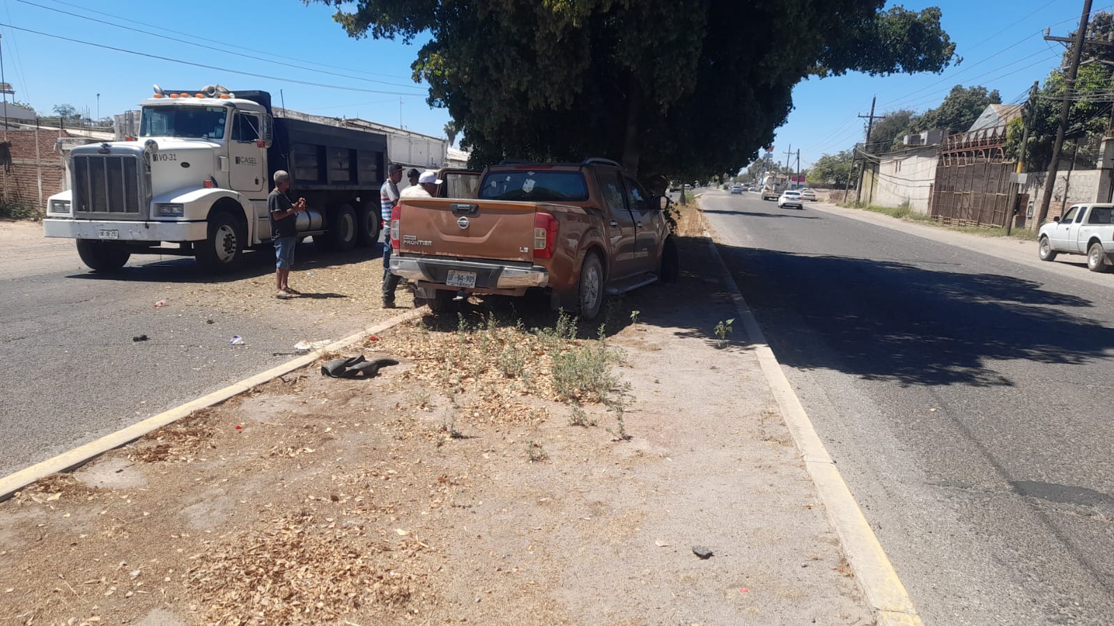 camioneta Nissan Frontier de color naranja impactada contra árbol