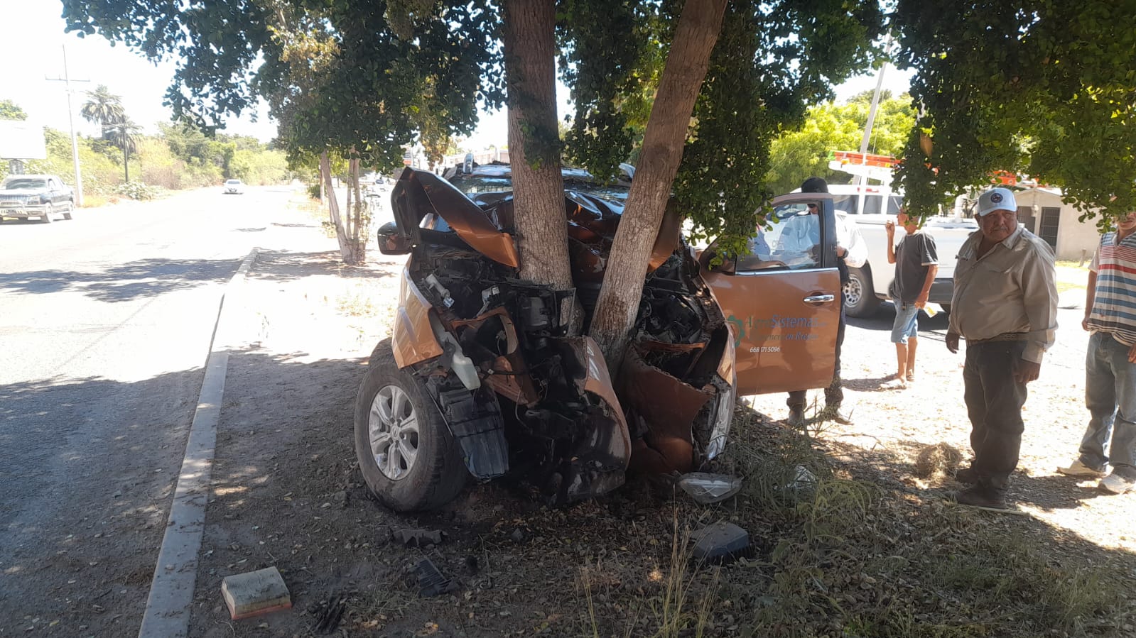 camioneta Nissan Frontier de color naranja impactada contra árbol